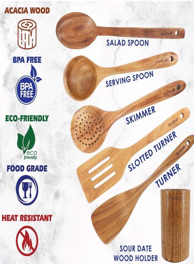 StarBlue Acacia Wooden Utensils Set 6 Pcs - Non-Scratching Durable Natural Wood Cooking Spatulas & Spoons for Nonstick Cookware with Holder - Image 3